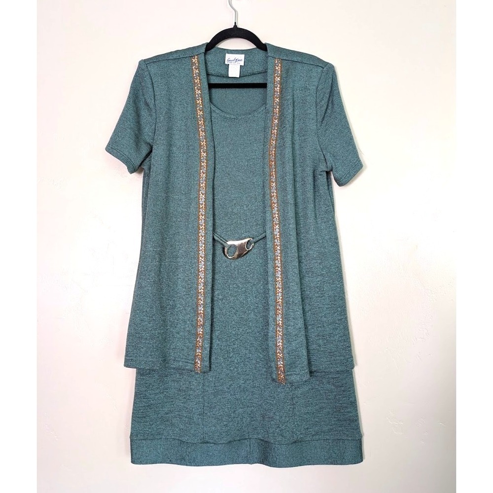 Good Times Dress Set Size 14P Vintage 90s Teal Knit Cardigan Dress USA Classic